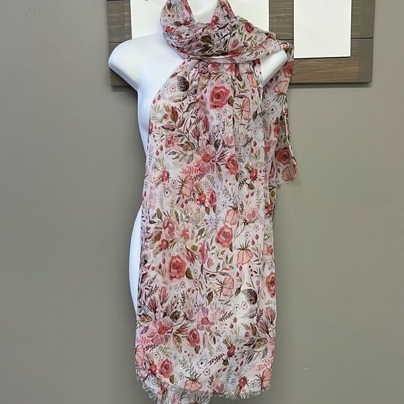 Marcus Adler New York Floral Large White Fashion Scarf with Frayed Edges- OS - Picture 3 of 14